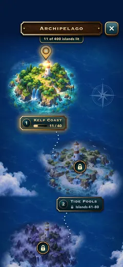 The archipelago chart, 11 of 400 islands lit: Kelp Coast is open, and Tide Pools, islands 41 to 80, is still locked.