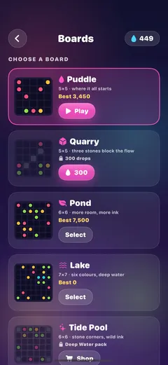 The board picker: Puddle, Quarry, Pond, Lake and Tide Pool.