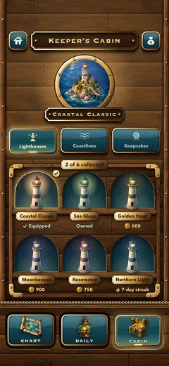 The Keeper's Cabin: the Coastal Classic lighthouse on display, and a shelf of six lighthouses to collect, two of them already owned.