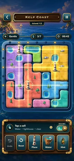 A Lighthouse puzzle on Kelp Coast, island 12: a seven by seven island split into coloured regions, with three of seven lighthouses placed and their beams lit.