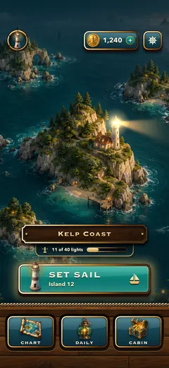 Lighthouse's home screen: a painted lighthouse island on Kelp Coast, 11 of 40 lights, and a Set Sail button for island 12.