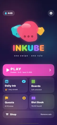 Inkube's home screen: the glossy blot logo, a Play button for the 5 by 5 Puddle board with a best of 3,450, and cards for Daily Ink, Boards, Quests, Blot Book and the Shop.