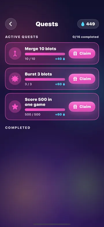 Three finished quests with Claim buttons: merge 10 blots for 40 drops, burst 3 blots for 60, and score 500 in one game for 60.